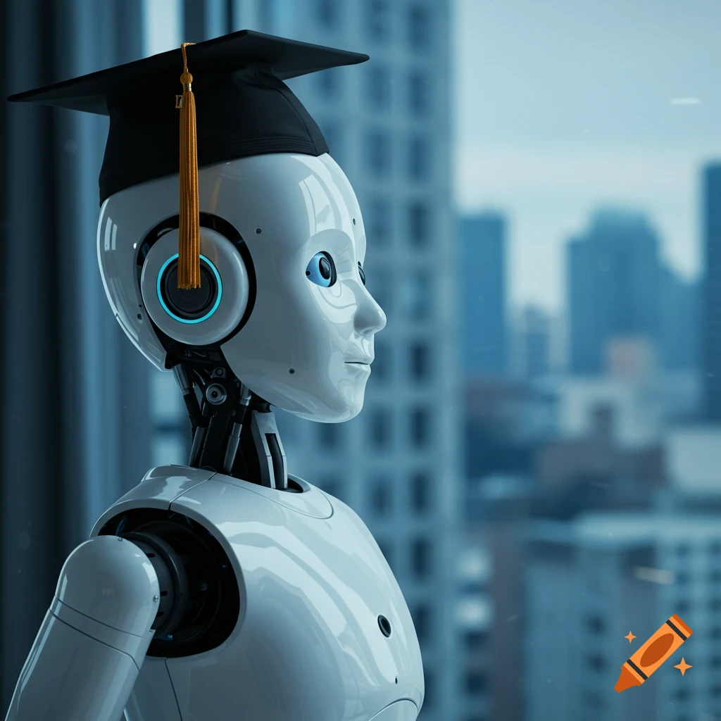 A white robot wearing a graduation cap looks out a window at a city skyline. Photorealistic.