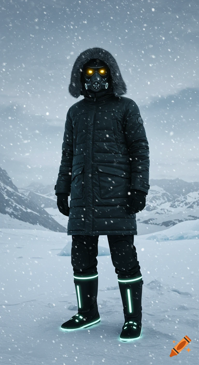 Person in futuristic arctic gear with glowing eyes and boots stands in snowy landscape.