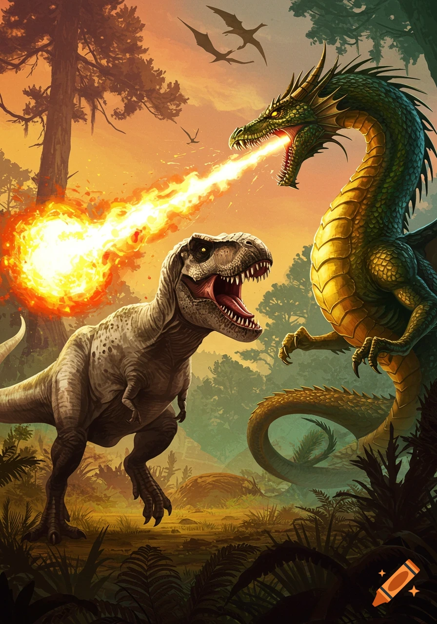 A T-Rex faces off against a green dragon breathing fire in a jungle setting.