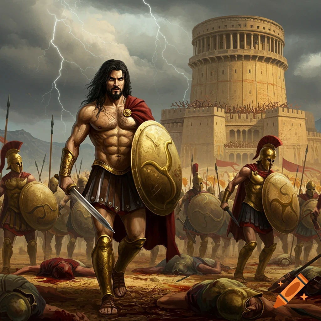 A muscular warrior leading an army in battle under a stormy sky.
