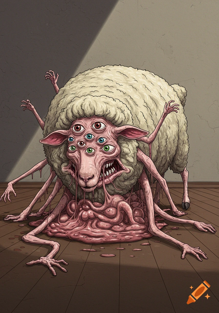 Grotesque deformed sheep monster with multiple eyes and limbs laying on a wooden floor.