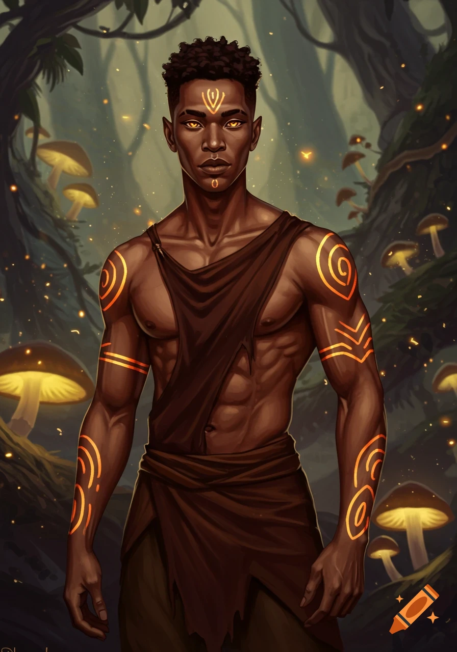 A muscular African fae male is in a forest with glowing mushrooms. He has short hair, amber eyes, and glowing tribal markings.