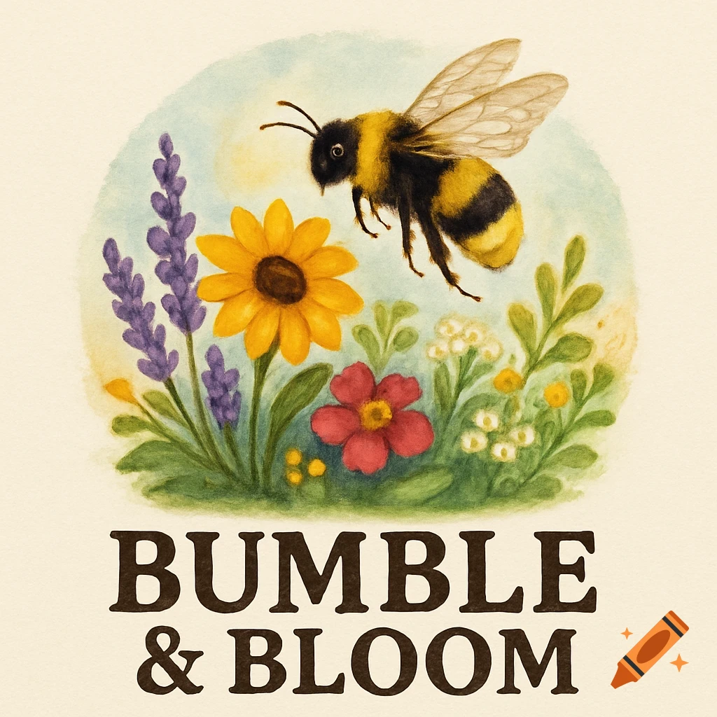 Watercolor illustration of a bumblebee flying over a garden scene with sunflowers, lavender, and other flowers with text below.
