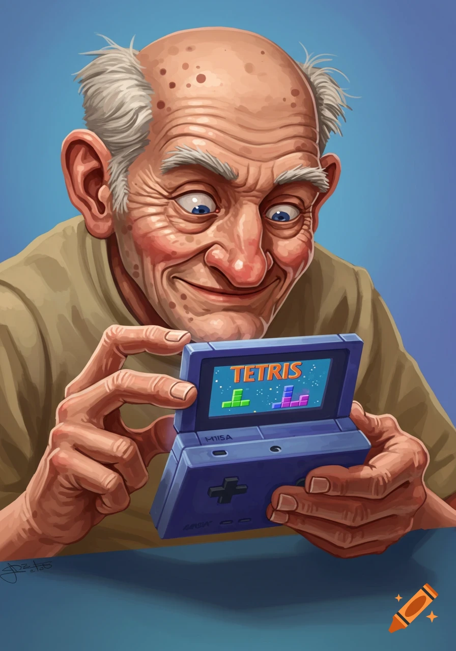 An old man happily playing Tetris on a handheld game device.