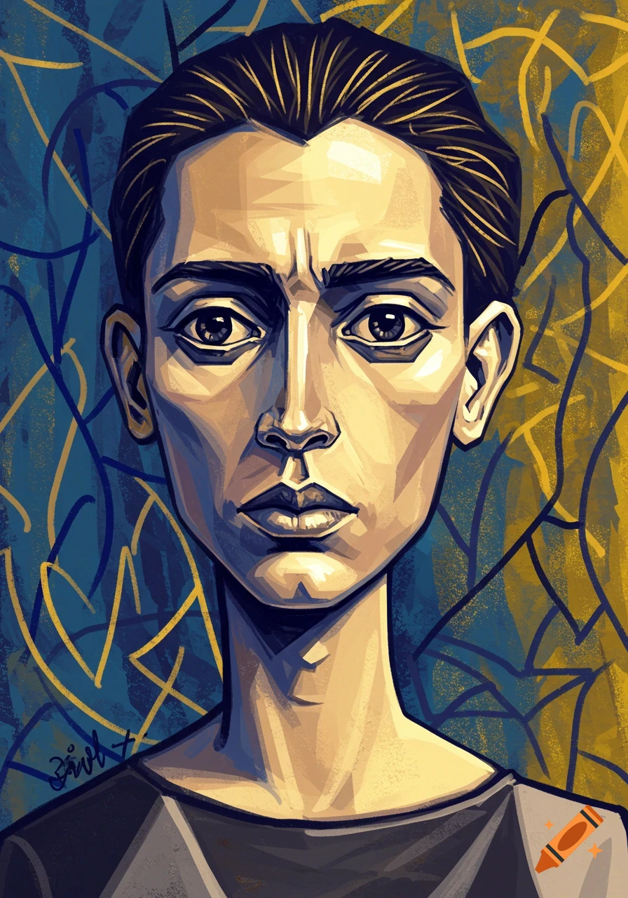 A stylized image of a person's face in a cubist or Picasso-like style, with a geometric blue and yellow background.