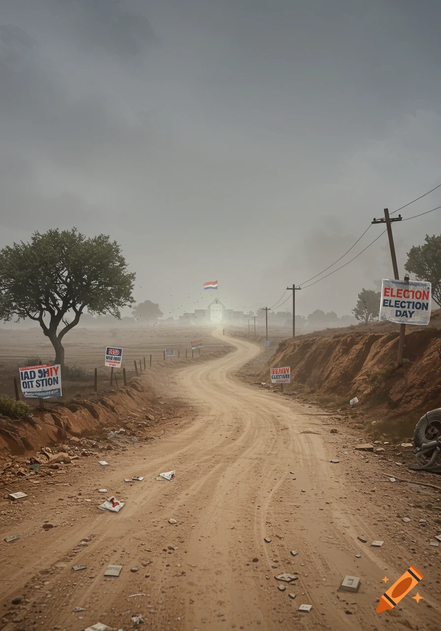 A dusty road lined with election signs leads to a distant building under a cloudy sky.
