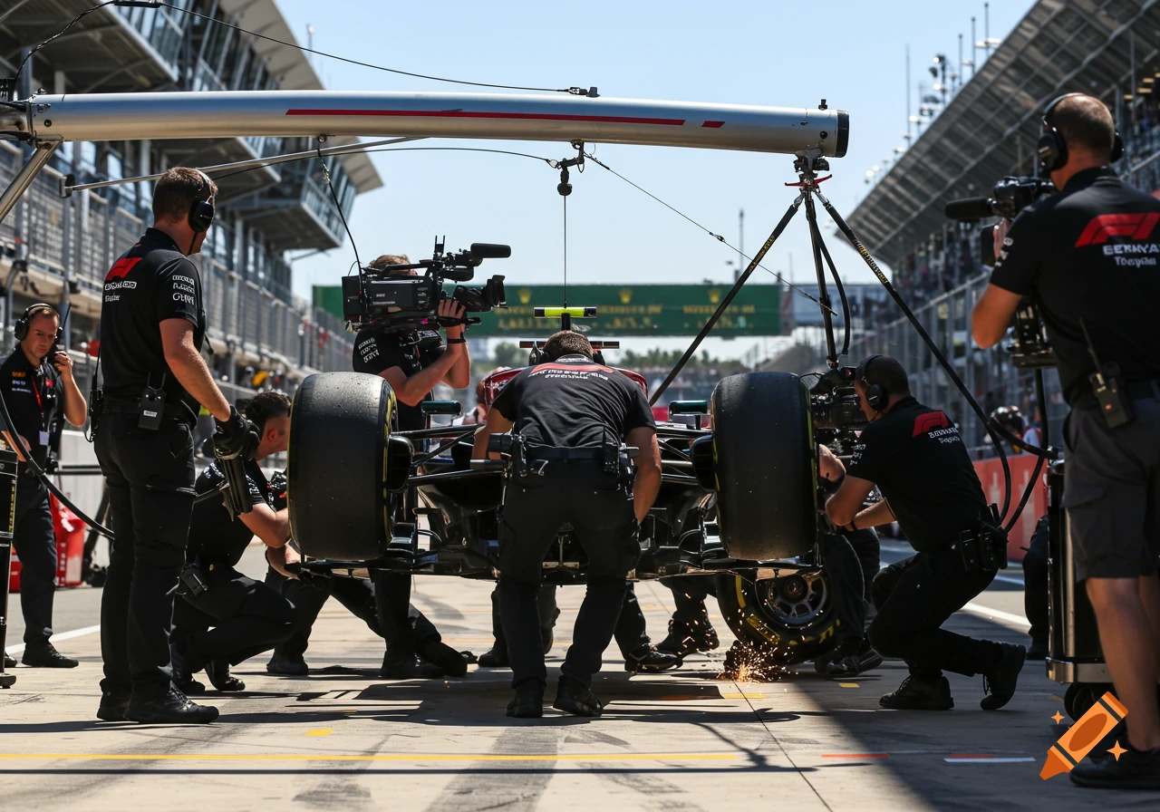 Mechanics work on an F1 car tire during a pit stop while camera crew films.