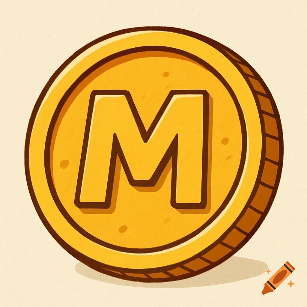 A cartoon golden coin with a large M on it.
