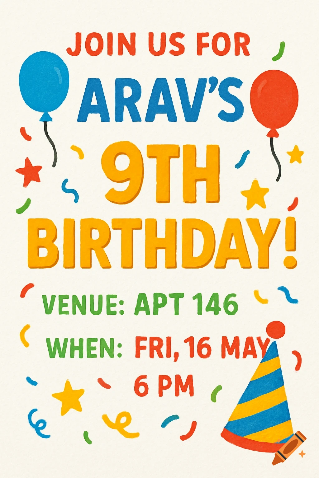 A colorful birthday invitation for Arav's 9th birthday with balloons, confetti, and a party hat.