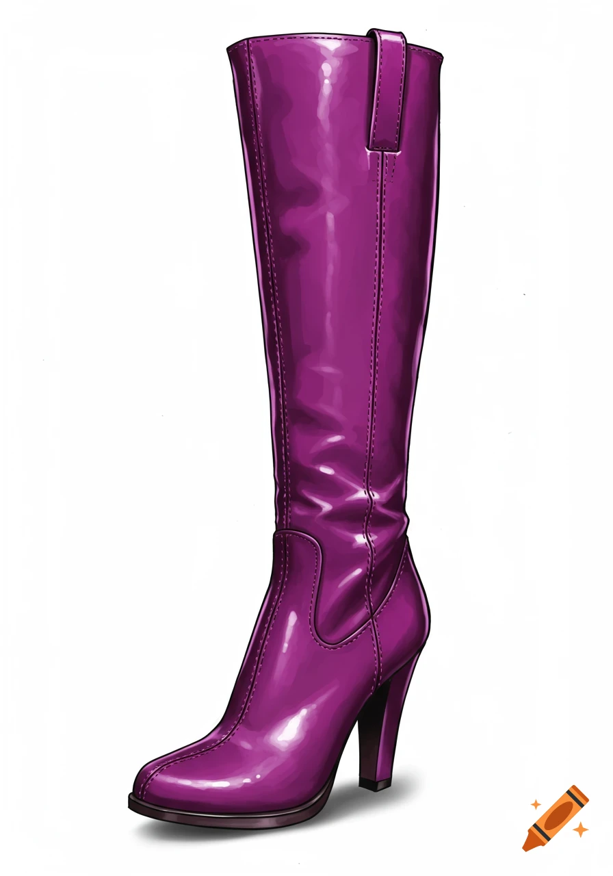 A single tall, shiny purple boot with a high heel against a white background.
