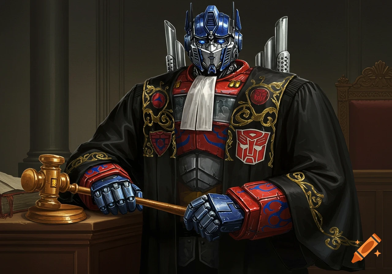 Optimus Prime, a robot, dressed in judge's robes and holding a gavel in a courtroom.