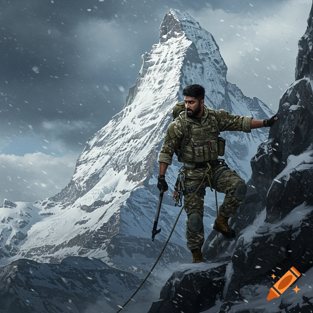 Soldier climbs a snowy mountain peak.