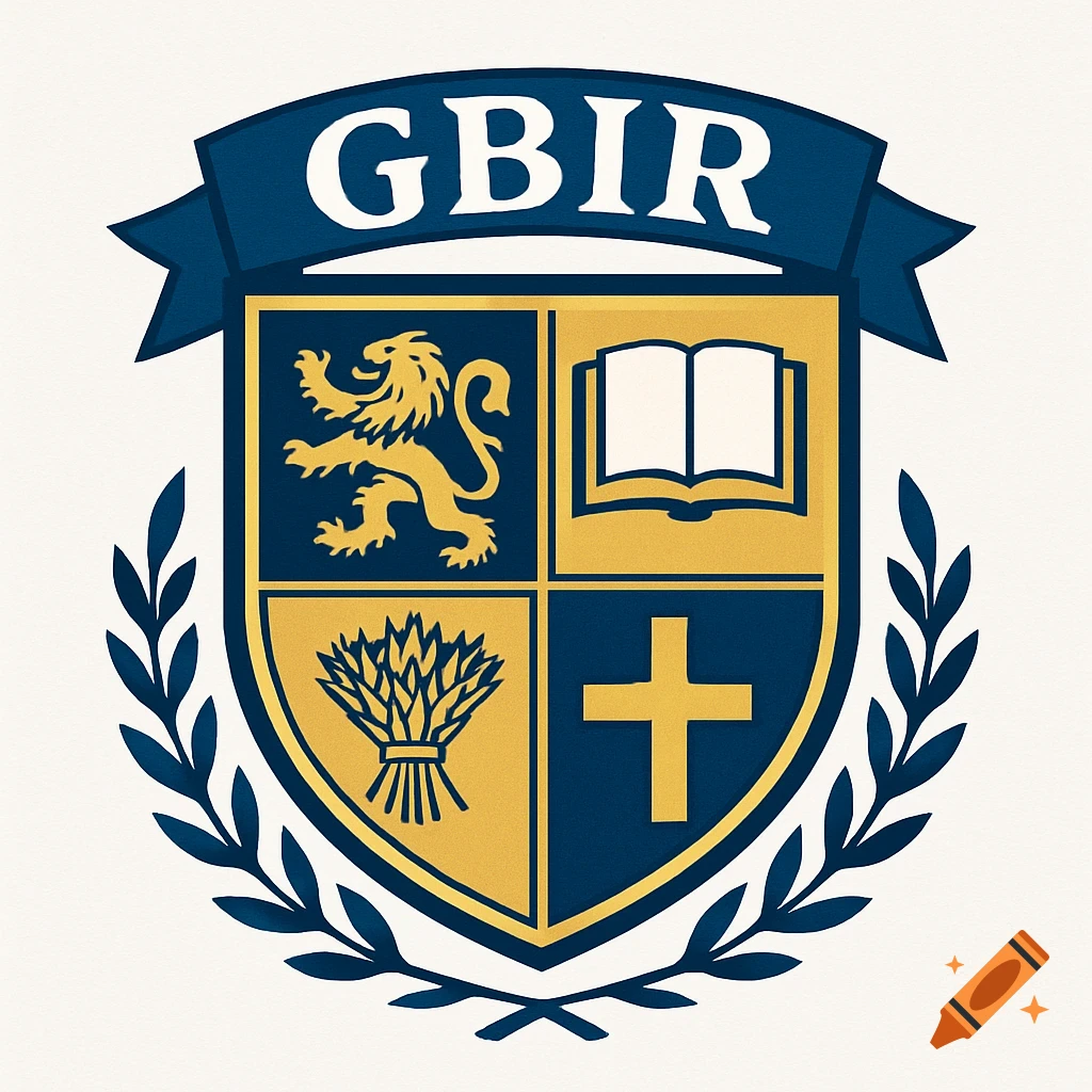 A blue and gold crest featuring a lion, open book, bundle of wheat, cross, and laurel branches, with the text GBIR on a ribbon banner above.