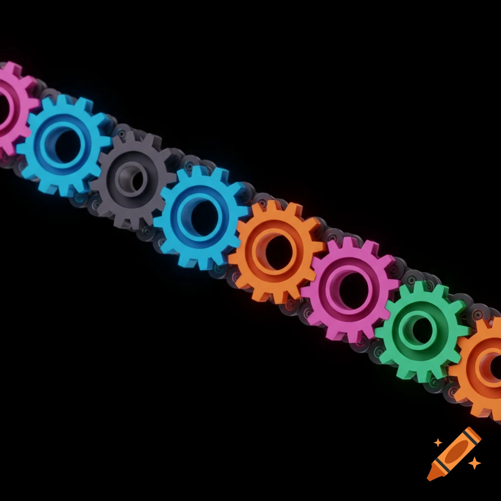 Colorful gears linked by a chain on a black background