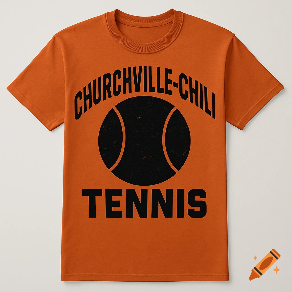 Orange t-shirt with black text "CHURCHVILLE-CHILI" curved above a tennis ball graphic, and "TENNIS" below.
