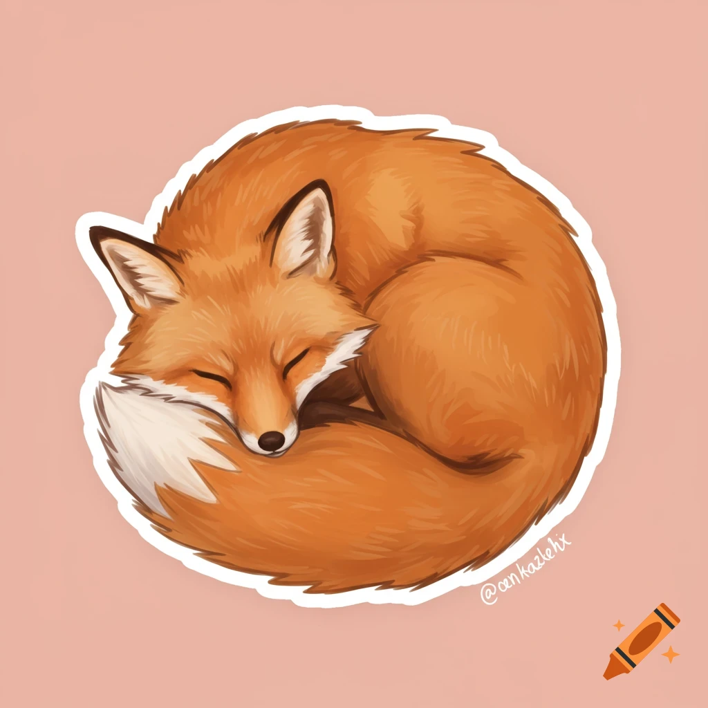 An illustration of a sleeping fox curled up tightly, depicted as a sticker with a sheer white outline on a solid pink background.