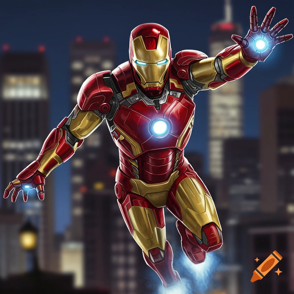 Iron Man flying in his suit over a city at night.