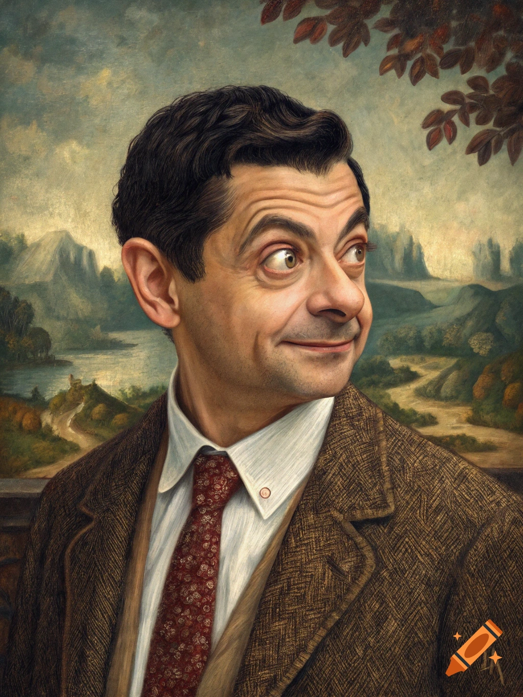 Renaissance style painting of a man resembling Mr. Bean in a jacket and tie, against a landscape.