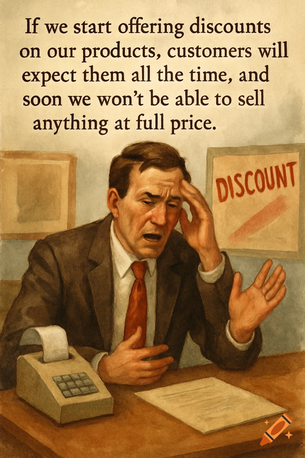 Illustration of a stressed businessman at a desk with text about discounts.