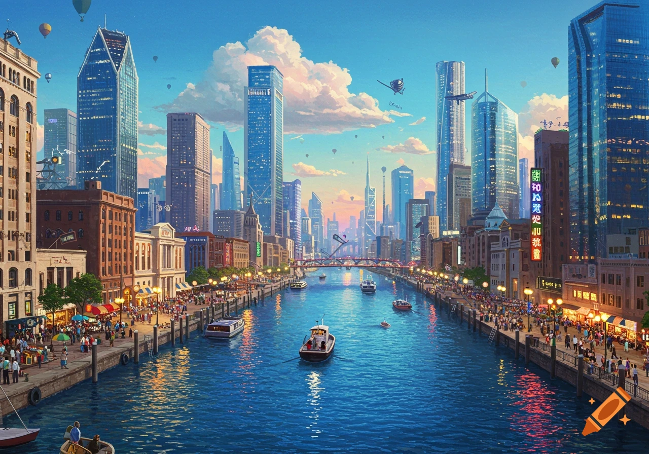 A vibrant futuristic cityscape with a river flowing through buildings, boats, and hot air balloons. Illustrated style.