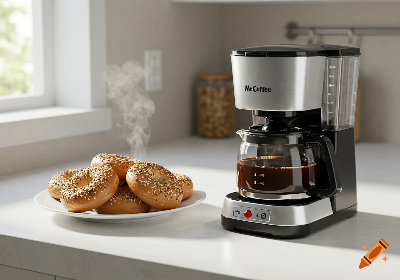 Bagels on a plate next to a Mr. Coffee coffee maker on a kitchen counter.