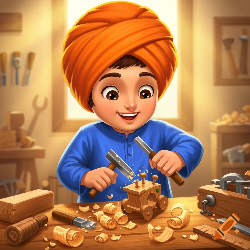 Cartoon Sikh boy in an orange turban woodworking on a small wooden train with chisels, surrounded by tools and wood shavings.