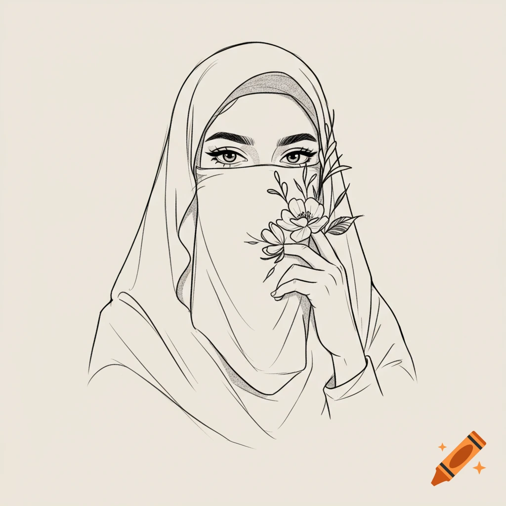 Black and white sketch of a woman in a niqab holding flowers near her face.