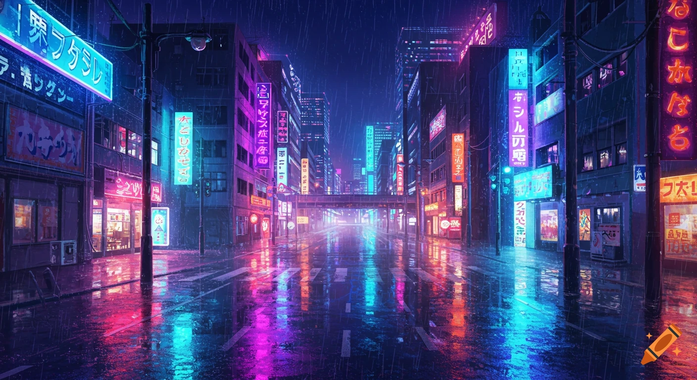 Rainy night in a neon-lit city street, cyberpunk style.