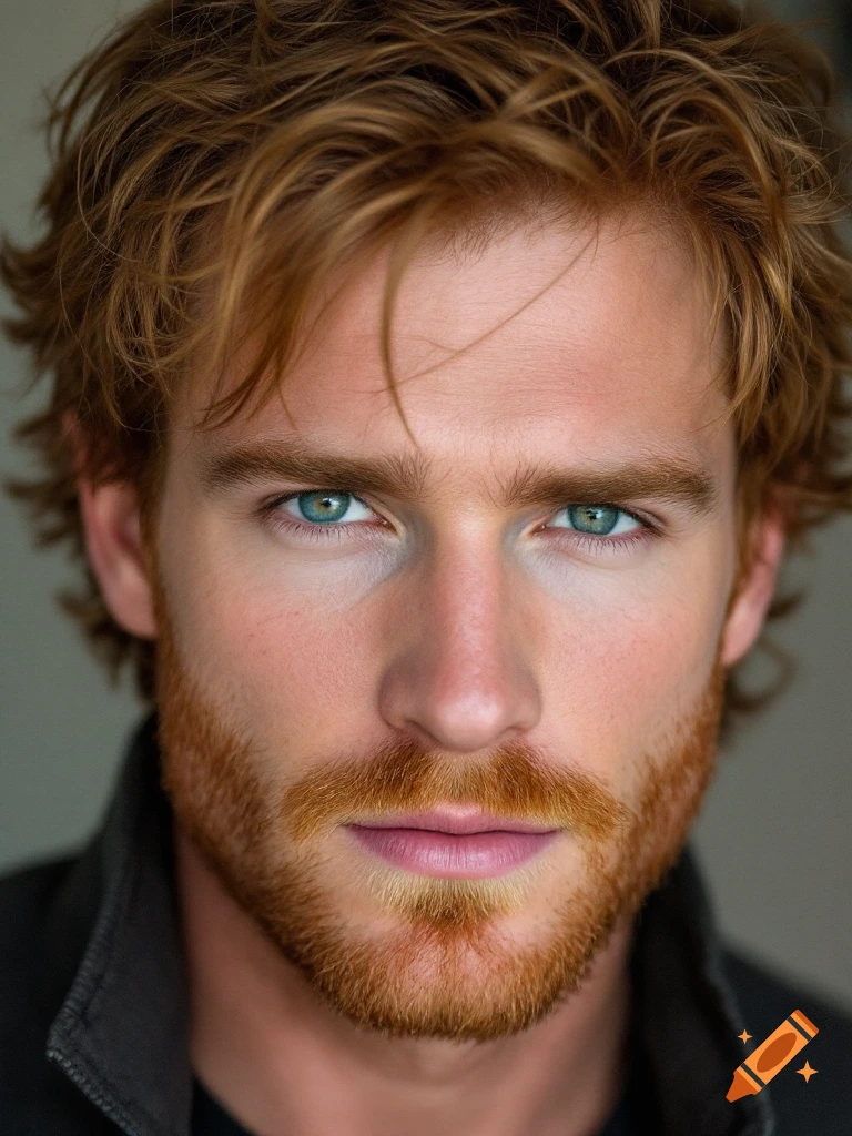Close-up portrait of a man with red hair, beard, and blue eyes.