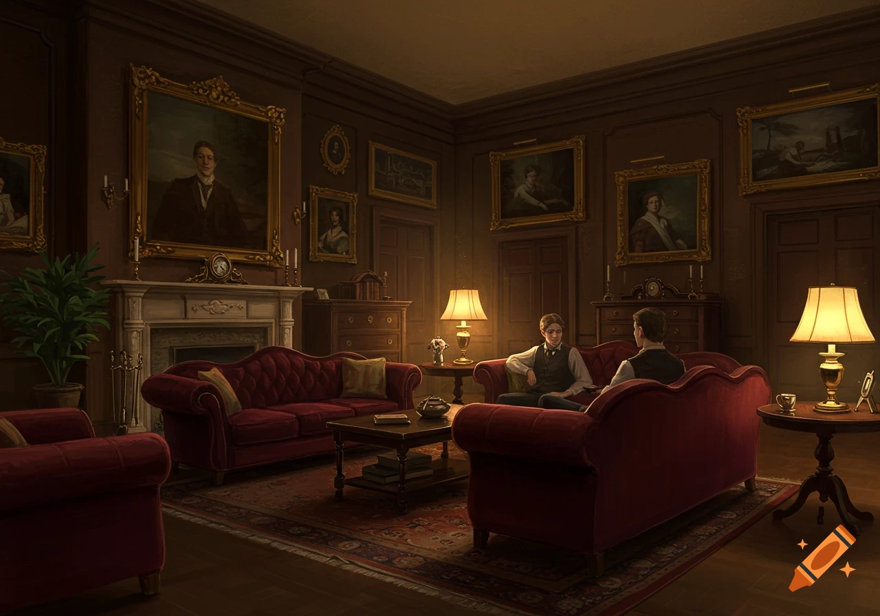 Two men sit on red sofas in a dark, richly decorated room with paintings on the walls, lit by lamps.