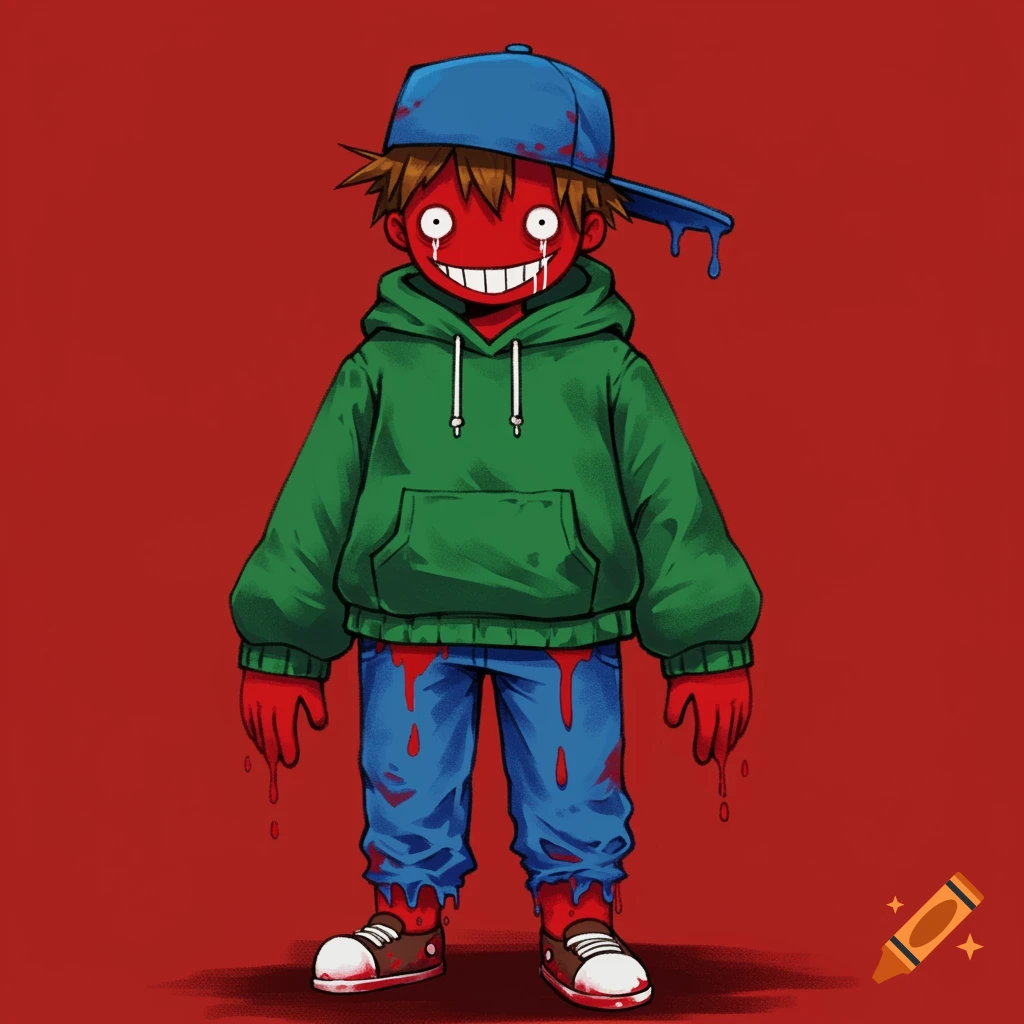 Stylized illustration of a boy with a red face, grinning, wearing a blue cap, green hoodie, and blue jeans, with red liquid dripping.