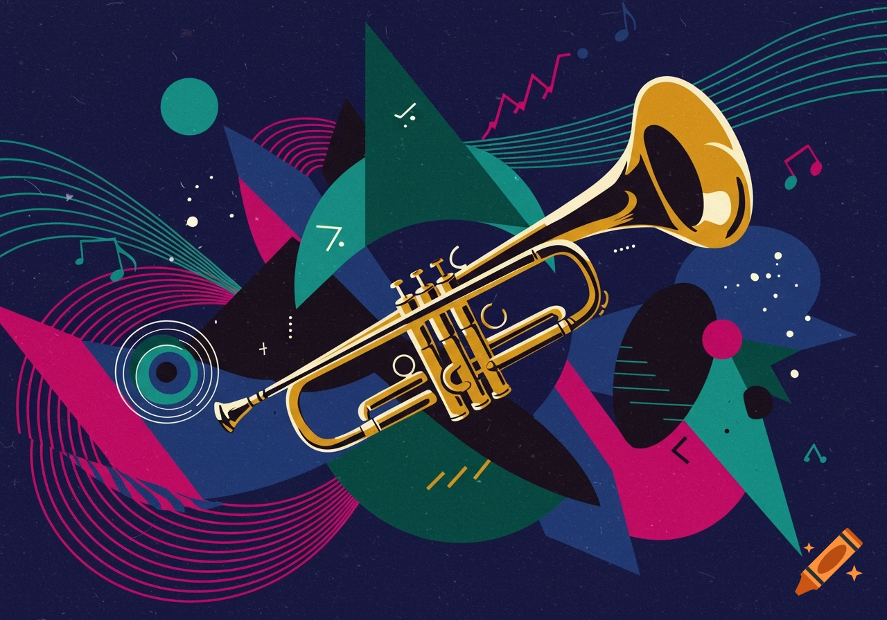 An abstract illustration of a trumpet surrounded by geometric shapes, musical notes, and lines in pink, teal, and yellow on a dark blue background.