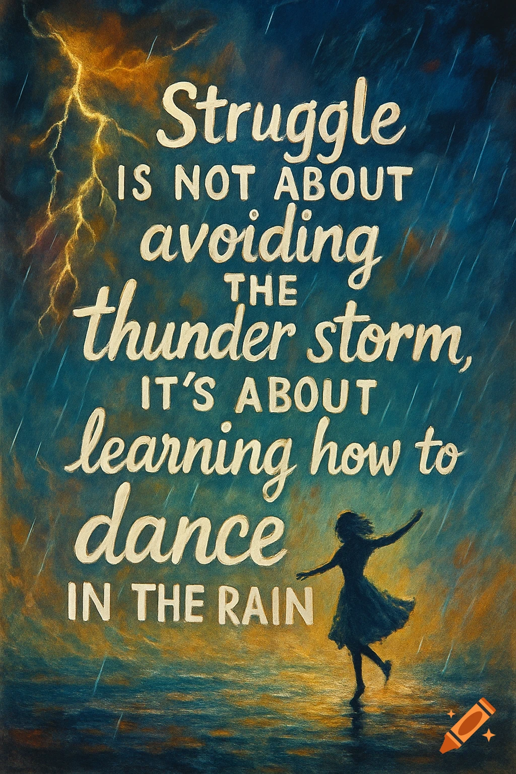 Digital painting of a person dancing in heavy rain under a stormy sky with lightning. Overlaid text quote is inspirational.