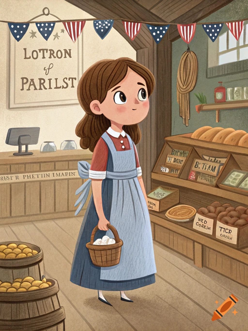 Cartoon illustration of a little girl in an apron holding a basket, standing in a historical store decorated with American flags.