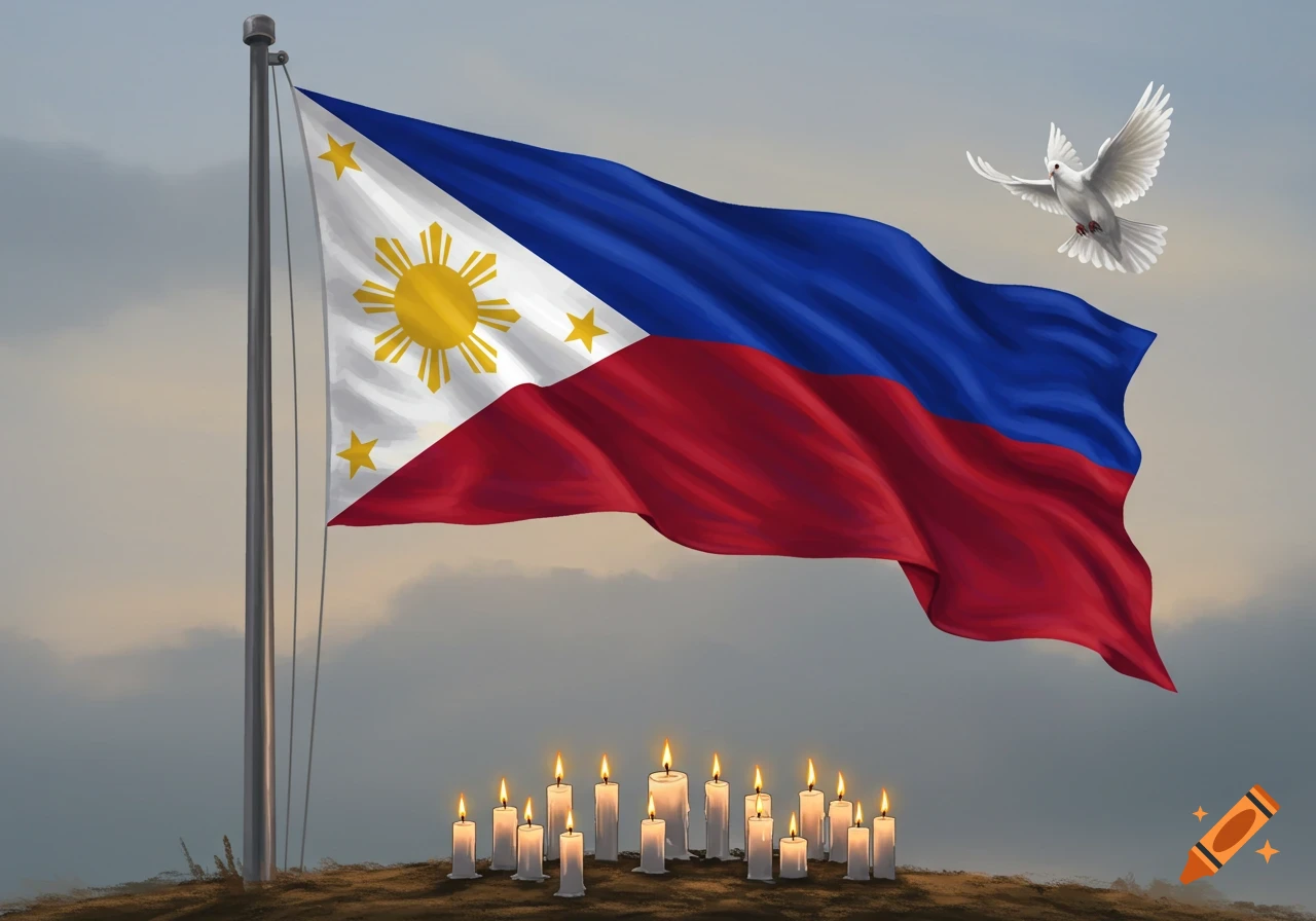 Philippine flag flies at half-mast above candles on a hill, with a dove in the sky.