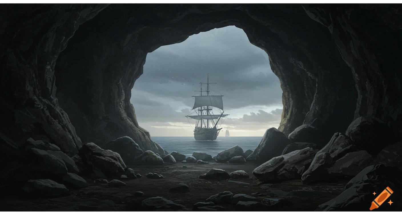 View from a dark rocky cave looking out at a tall sailing ship on the sea under a cloudy sky.