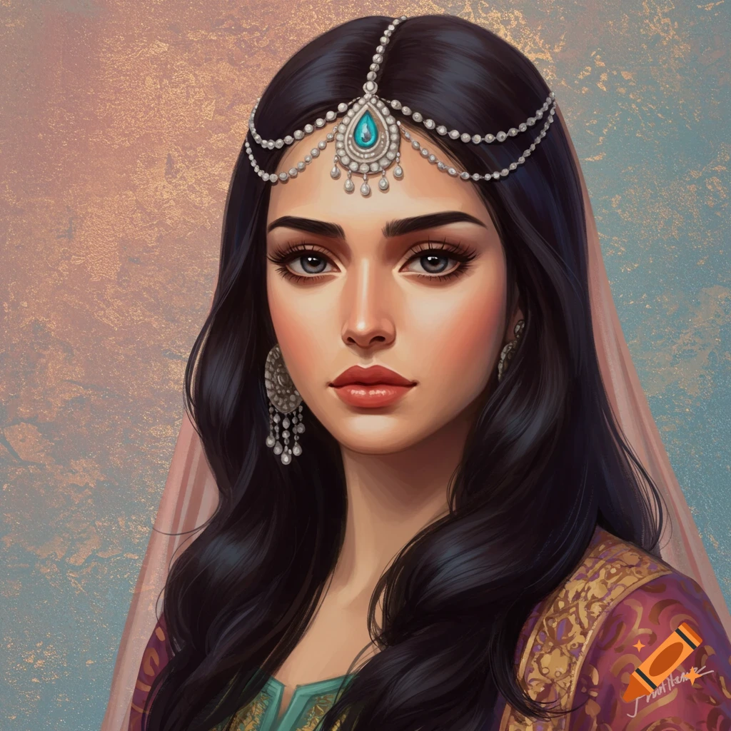 Digital painting of a woman in traditional clothing and head jewelry.