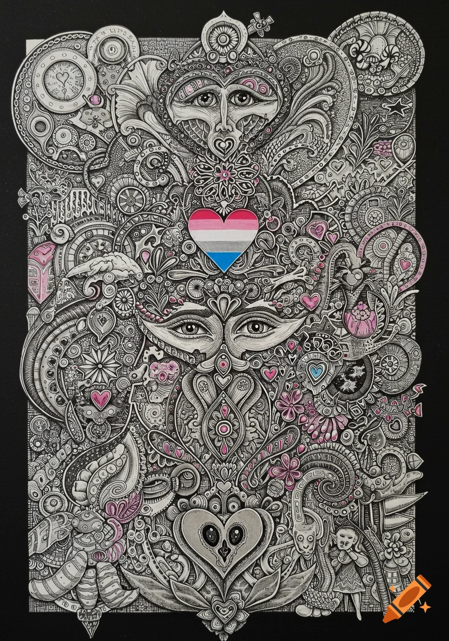 An intricate black and white symbolic drawing featuring abstract faces and patterns with a heart colored like the genderfluid pride flag.