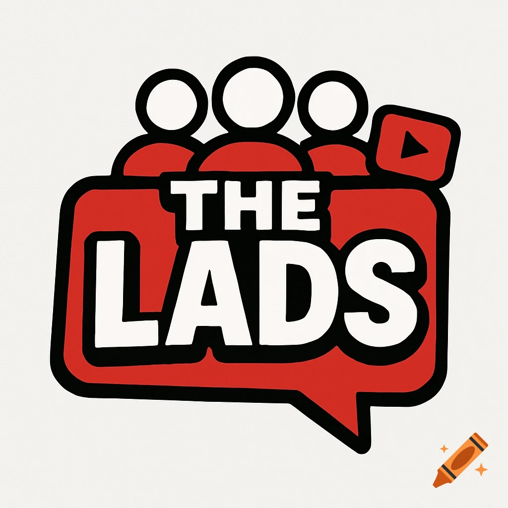 Logo for The Lads with stylized people, a speech bubble, and YouTube icon