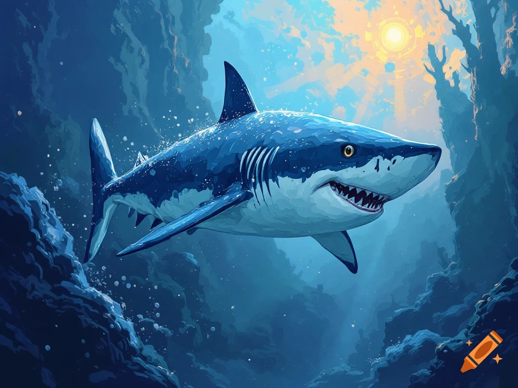 Stylized illustration of a shark swimming underwater with sun rays from above.