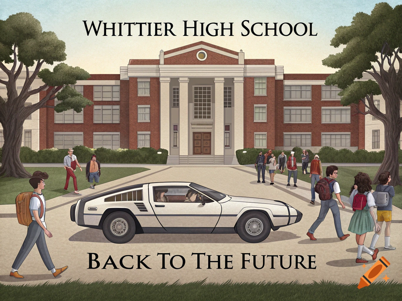 Illustration of Whittier High School, a DeLorean car, and people, with text 'WHITTIER HIGH SCHOOL' and 'BACK TO THE FUTURE'.