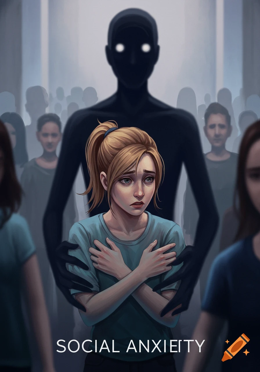 Illustration of a fearful woman grabbed by a shadowy figure in a crowd, depicting social anxiety.