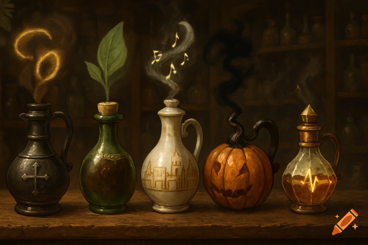 High fantasy illustration of five magical potions or alchemical flasks on a wooden table, each emitting steam and symbols.