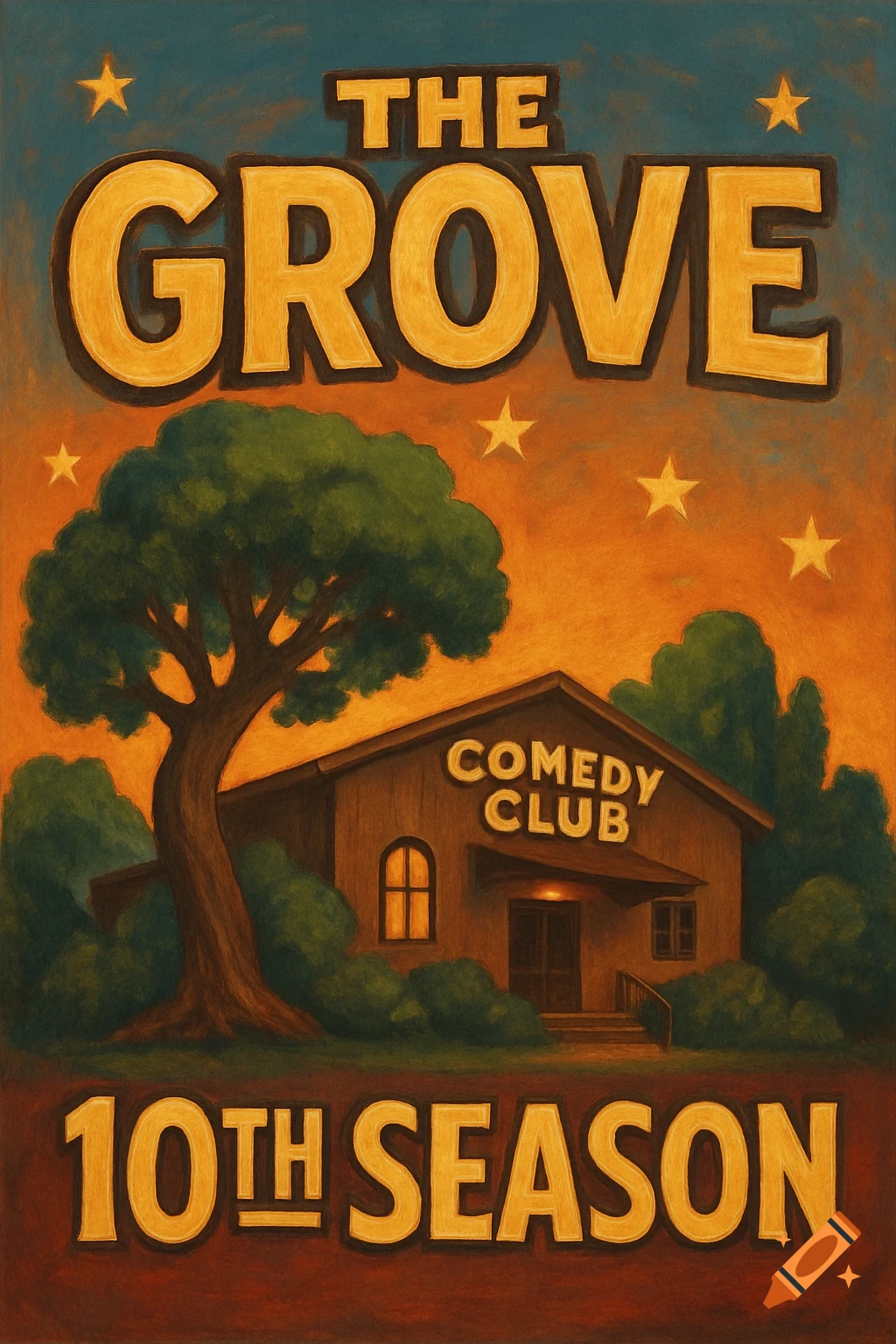 Illustration of a poster for The Grove Comedy Club 10th Season, showing the building and a tree under a starry sky.