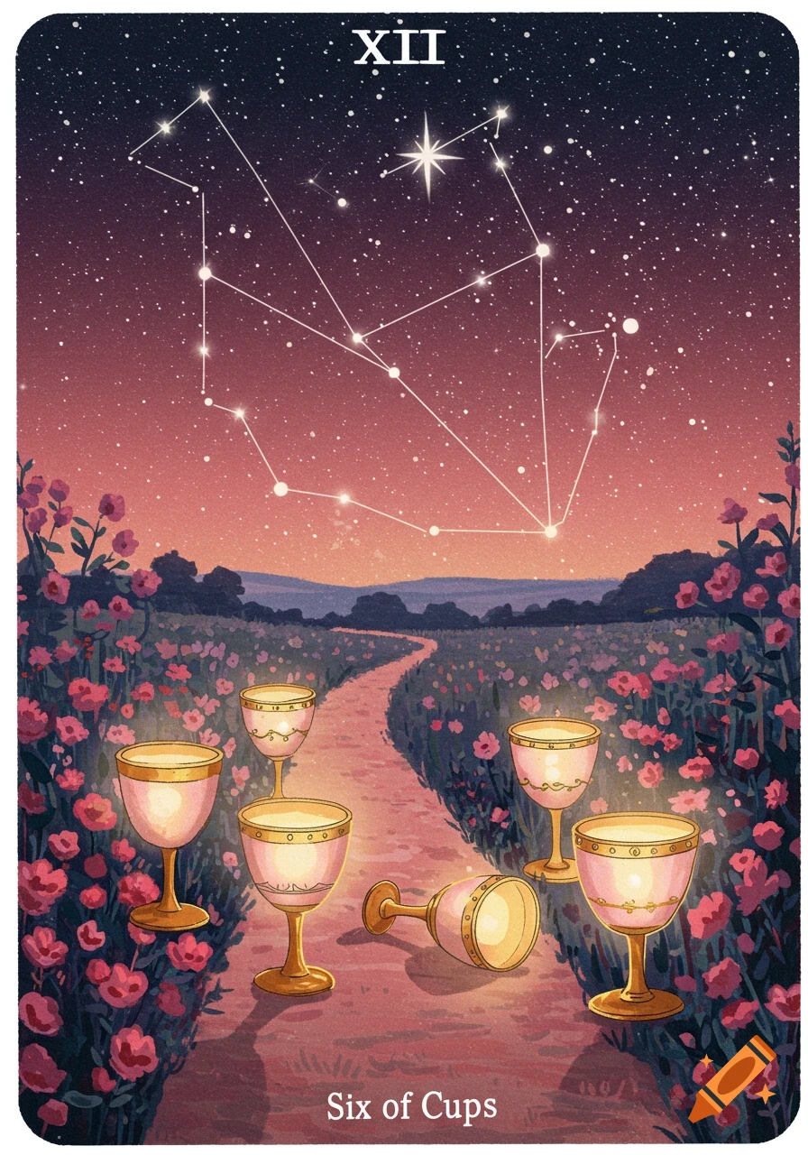 A tarot card illustration shows six cups on a path through a field of flowers under a starry night sky with a constellation.