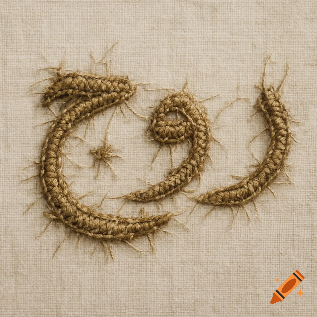 Arabic word 'Rouh' embroidered in jute on fabric.