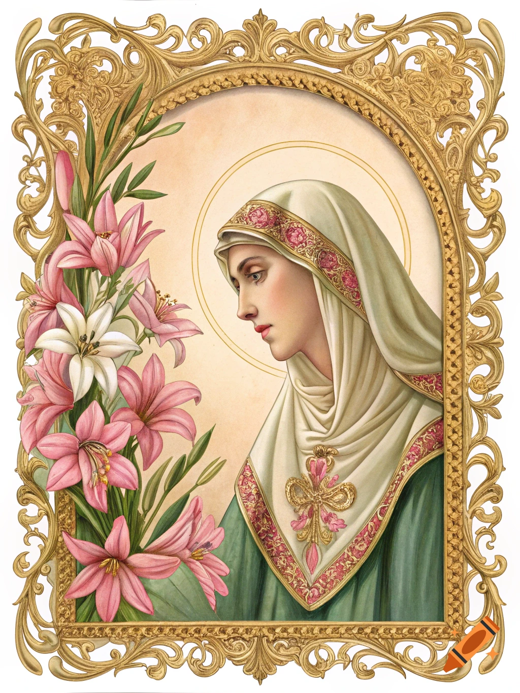 Portrait of a woman resembling a saint, wearing a veil and green robe, within an ornate gold frame, with pink and white lilies.
