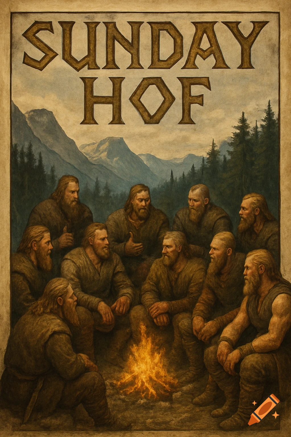 A painted poster showing a group of Vikings sitting around a campfire in front of mountains, with "SUNDAY HOF" text.