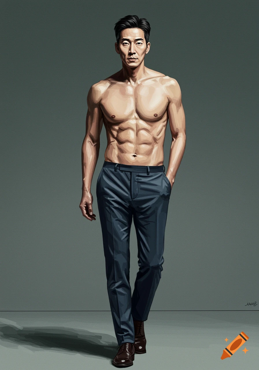 Digital painting of a muscular Asian man wearing dress pants, standing and looking forward.