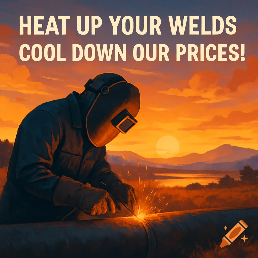 A welder works on a pipe at sunset. Text reads: Heat Up Your Welds Cool Down Our Prices!